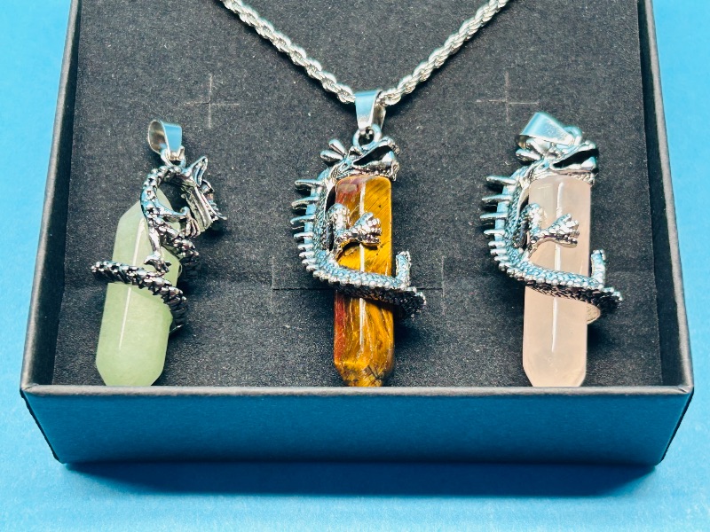 Photo 1 of 593207… 3 interchangeable polished rock dragon pendants with chain in gift box 