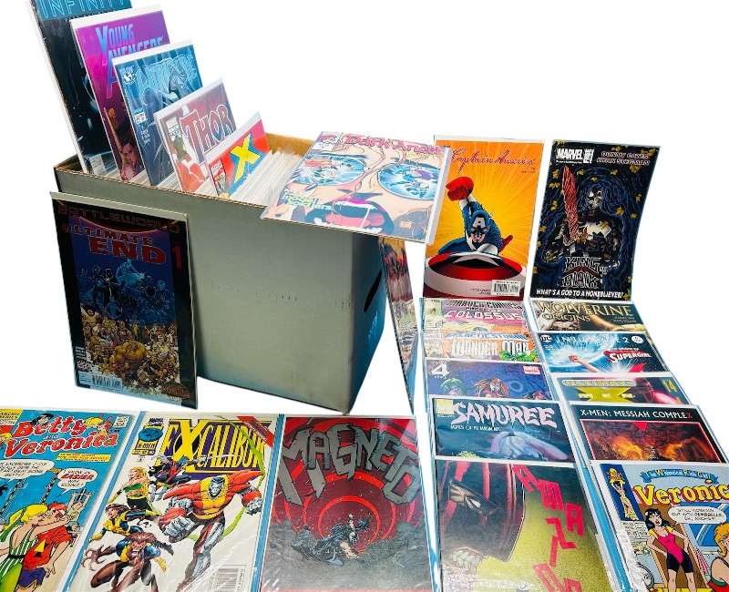 Photo 1 of 593211… final sale no returns/refunds- 140+ mixed comics in box-most sleeved