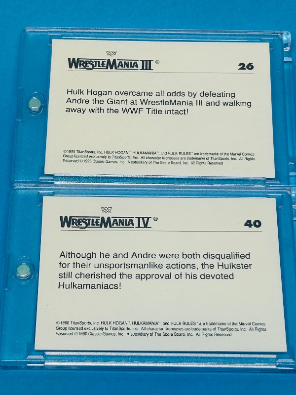 Photo 1 of 593299…2 vintage 1990 Hulk Hogan wrestle mania cards 26 and 40 in hard plastic cases 