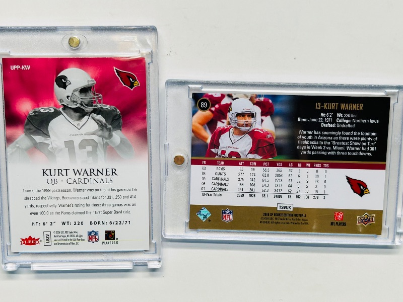 Photo 1 of 593343…Kurt Warner cards  in hard plastic cases