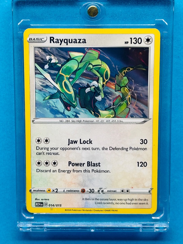 Photo 1 of 593434…Rayquazza Pokémon card in hard plastic case