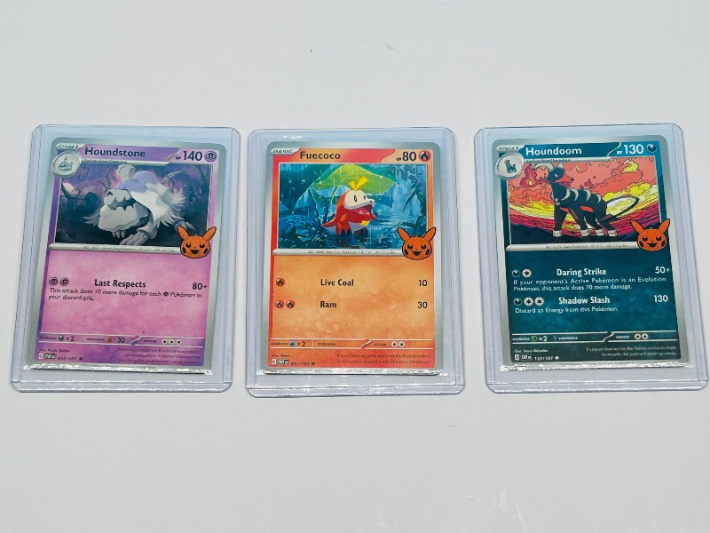 Photo 1 of 593442… 3 trick or trade Pokémon cards in hard plastic sleeves 