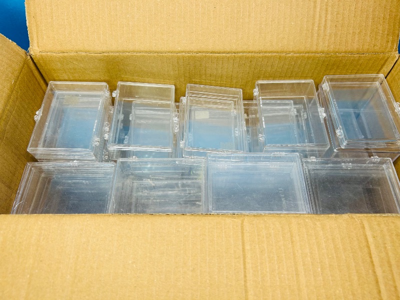 Photo 1 of 593448…box of used trading card hinged storage cases - wear, scratches, scuffs on some