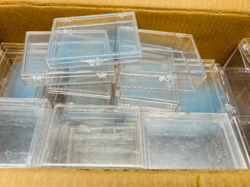 Photo 1 of 593448…box of used trading card hinged storage cases - wear, scratches, scuffs on some