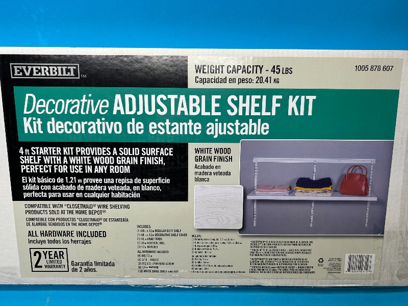 Photo 1 of 593469…Everbuilt adjustable shelf kit . 4 foot long x 1 ft deep white wood grain finish