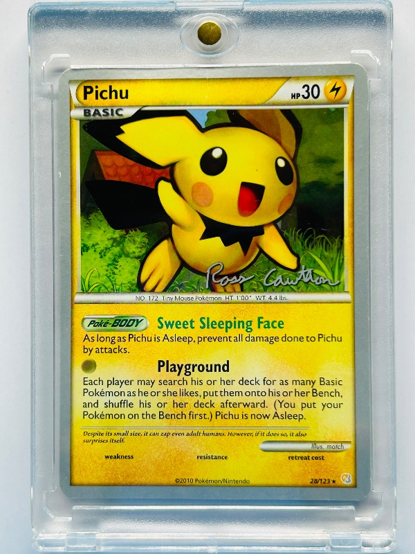 Photo 1 of 593561…Pichu signed sweet sleeping face Pokémon card in hard plastic case