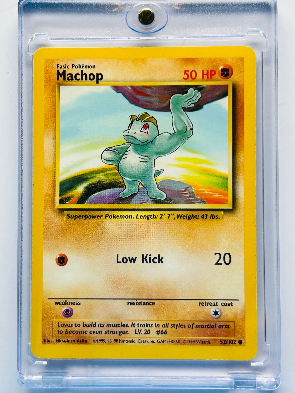 Photo 1 of 593566…Machop Pokémon card in hard plastic case