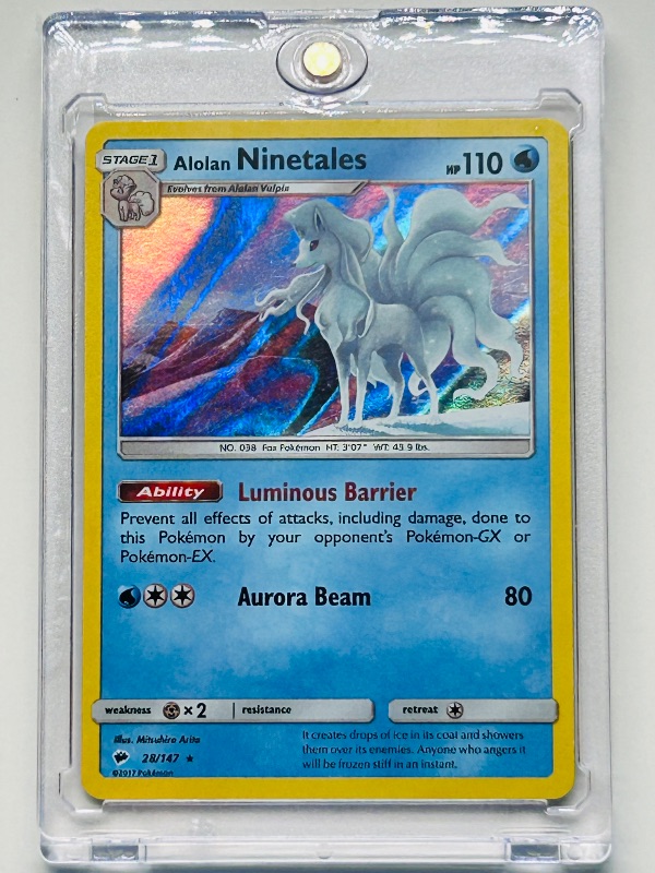 Photo 1 of 593640…hologram Alolan Ninetales  Pokémon card in hard plastic case