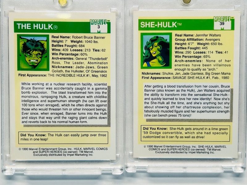 Photo 1 of 593666…Hulk and She-Hulk Marvel cards in hard plastic cases