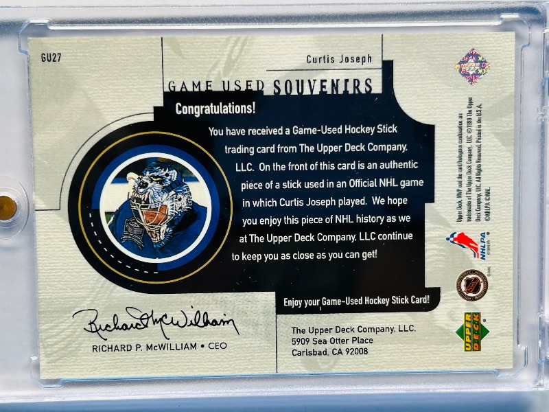 Photo 1 of 593713…game used hockey stick Curtis Joseph souvenir card GU-27 in hard plastic case