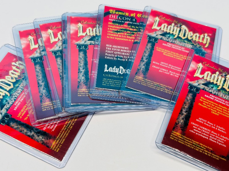 Photo 1 of 593719… 8 chromium Lady Death cards in hard plastic sleeves