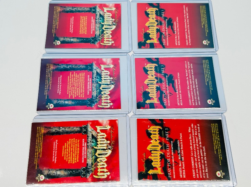 Photo 1 of 593720…6 chromium Lady Death puzzle cards in hard plastic sleeves 