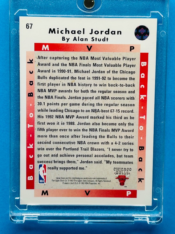 Photo 1 of 593721…Michael Jordan card 67 in hard plastic case