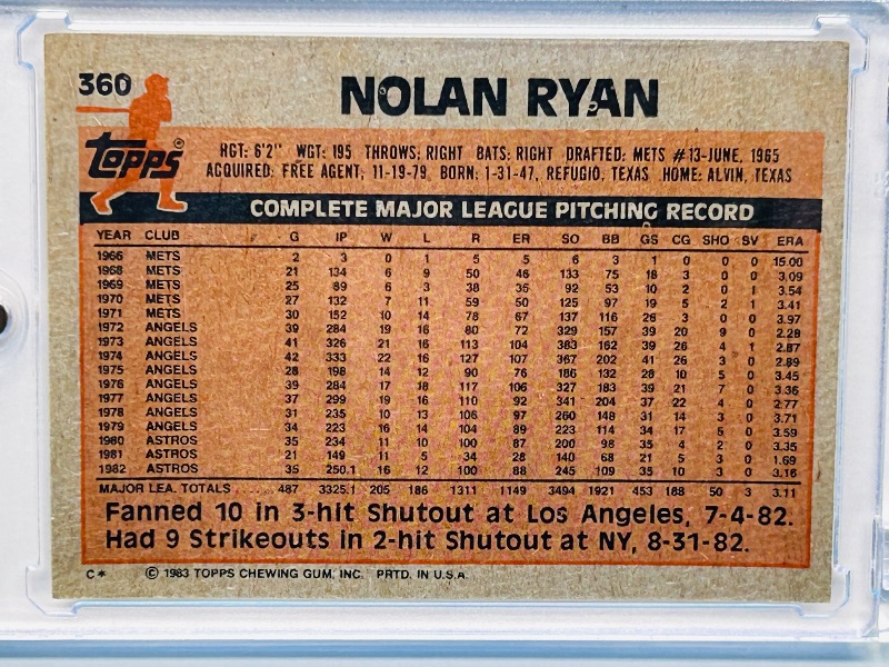 Photo 1 of 593804…Nolan Ryan card 360 in hard plastic case 