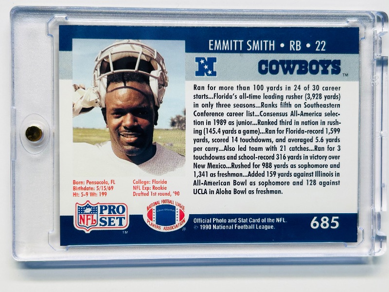 Photo 1 of 593805…Rookie Emmitt Smith card 685  in hard plastic case 