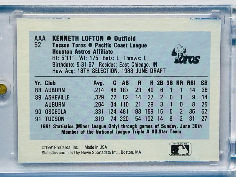 Photo 1 of 593984…Rookie Kenny Lofton card 52 in hard plastic case