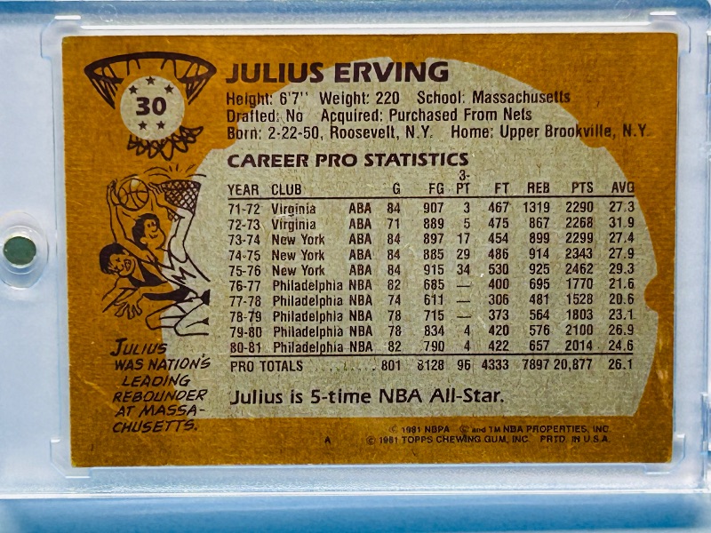 Photo 1 of 593988…Julius Erving 76ers card 30  in hard plastic case