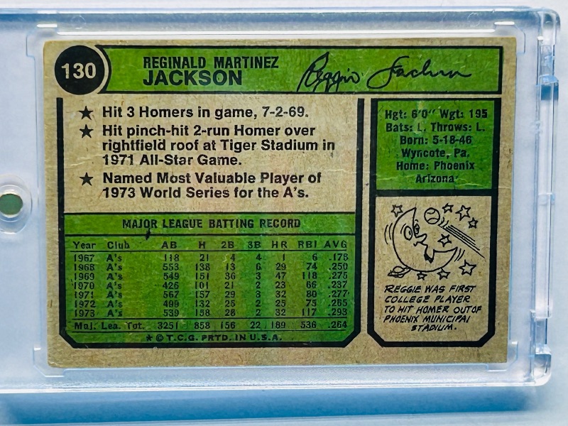View 2 of 593989…Reggie Jackson card 130  in hard plastic case-wear from age