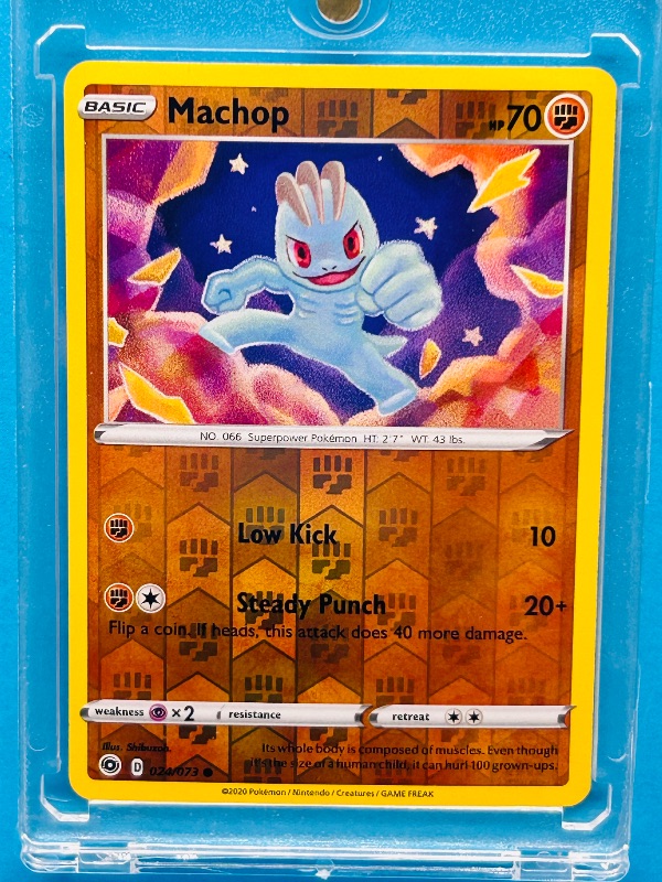 Photo 1 of 594375…Reverse holo Machop Pokémon card in hard plastic case