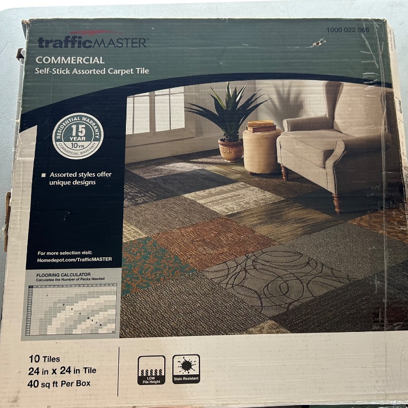 Photo 1 of 594709…like new-10 Traffic Master commercial self stick multi-colored carpet tiles 24”x24” covers 40 sq feet retail return