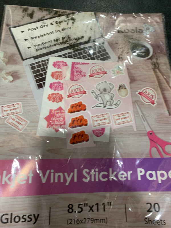 Photo 1 of Koala Printable Vinyl Sticker Paper for Inkjet Printers - 20 Sheets Glossy White Water-Resistant Adhesive Label Paper - 8.5x11 Inch, Tear-Resistant, Removable