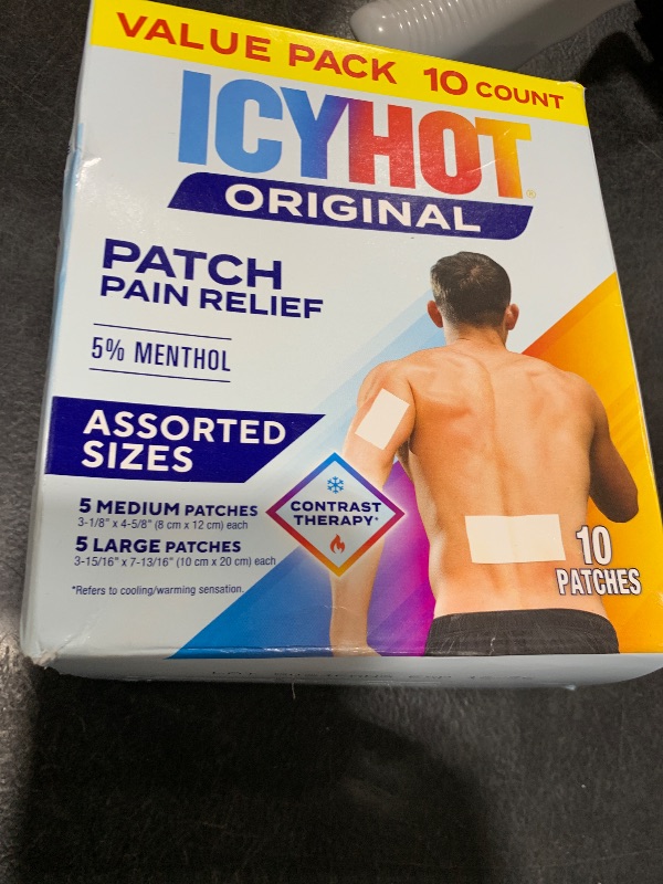 Photo 1 of Icy Hot Original Pain Relief Patch Variety Pack with 5% Cooling Menthol for Fast-Acting Muscle and Joint Pain Relief, 5 Medium and 5 Large Comfortable Fabric Patches, 10 Ct.