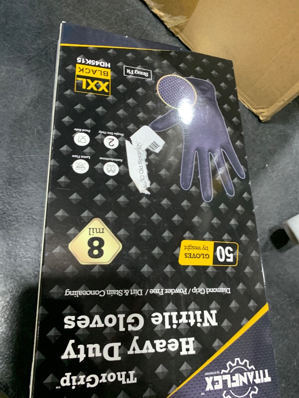Photo 1 of TitanFlex ThorGrip Heavy Duty Black Industrial Nitrile Gloves, 8-mil, XXL, Box of 50, Latex Free, Raised Diamond Texture, Powder Free, Food Safe, Rubber Gloves, Mechanic Gloves