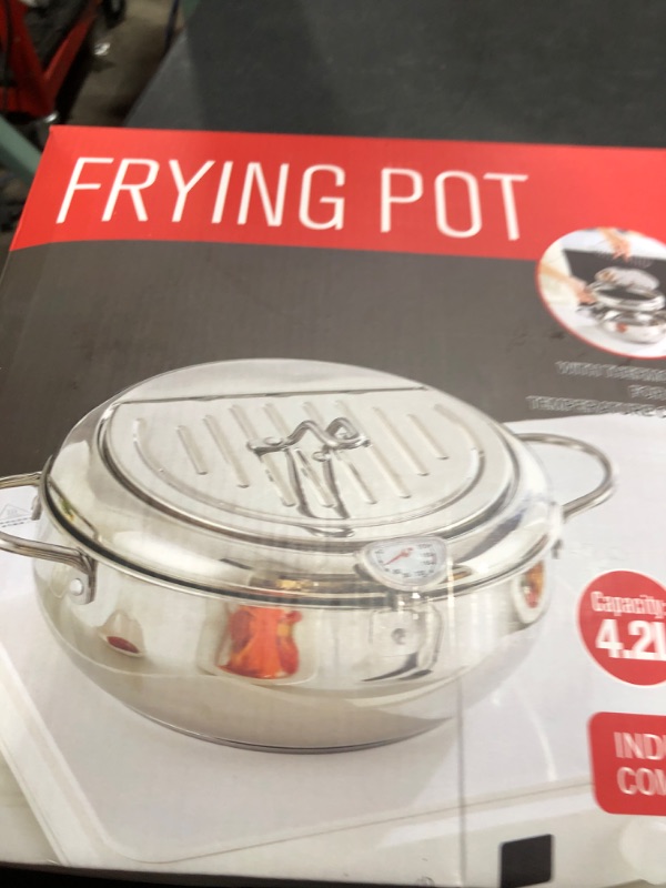 Photo 1 of Deep Fryer Pot, 4.4Qt /11 Inch Japanese Style Small Deep Fryer 304 Stainless Steel, with Temperature Control and Oil Drip Drainer Rack, Deep Frying Pot with Lid