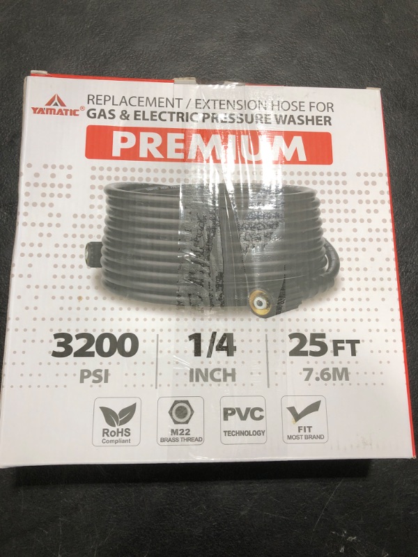 Photo 1 of YAMATIC Pressure Washer Hose 25FT 1/4" Kink Resistant M22 Brass Fitting Power Washer Hose Replacement for Ryobi, Troy Bilt, Greenworks, CRAFTSMAN & More High PressureWashers, 3200 PSI