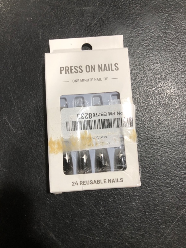 Photo 1 of Medium Press on Nails Grey Black Fake Nails Coffin Shaped False Nails Gradient Glue on Nails with Silver Moon Star Designs Cute Stick on Nails Glossy Acrylic Nails Full Cover Artificial Nails