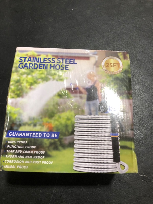 Photo 1 of Garden Hose 25 ft, Stainless Steel Metal Water Hose with 10 Function Nozzle, Lightweight Hose, No Kink, Leak-proof, Puncture Resistant for Yard, Outdoor, RV
