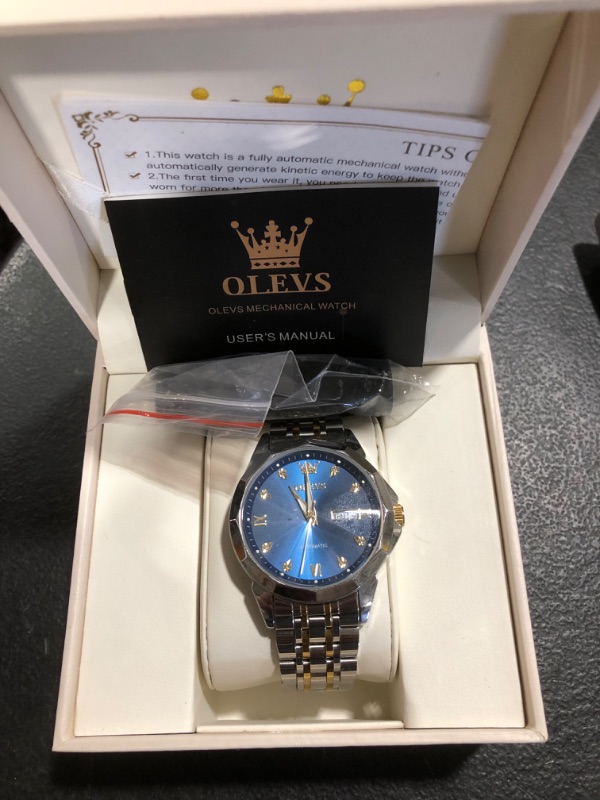 Photo 1 of OLEVS Mechanical Men Watches Automatic Business Luxury Diamond Self Winding Watch for Men Stainless Steel Calendar Blue Wrist Watch