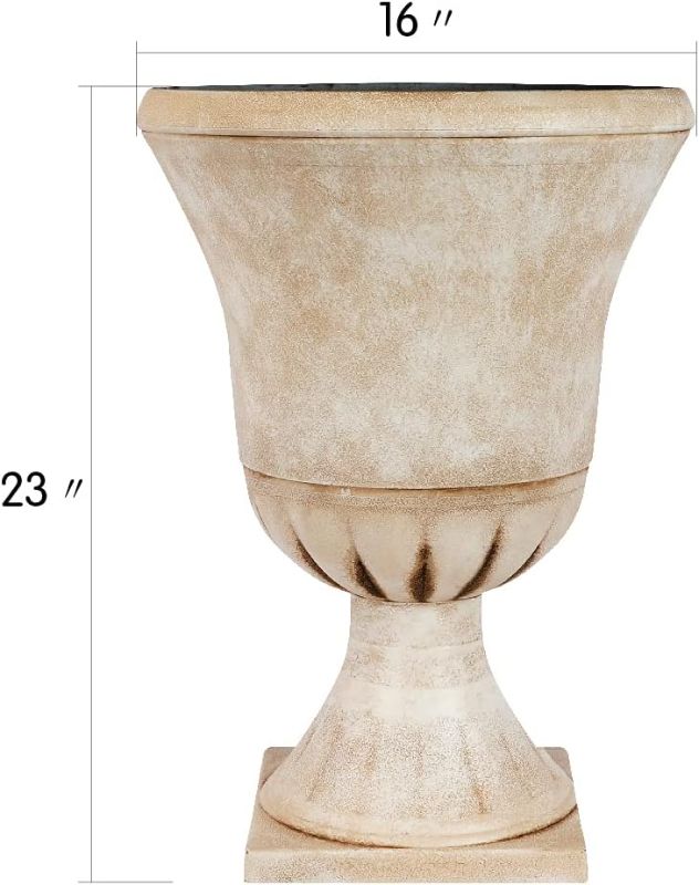 Photo 1 of #G-G803A00-  2 Pack Classic Traditional Plastic Urn Planter Indoor/Outdoor with Drainage Hole & Removable Plug, Imitation Marble, 15.7" Dia x 21.7" H
