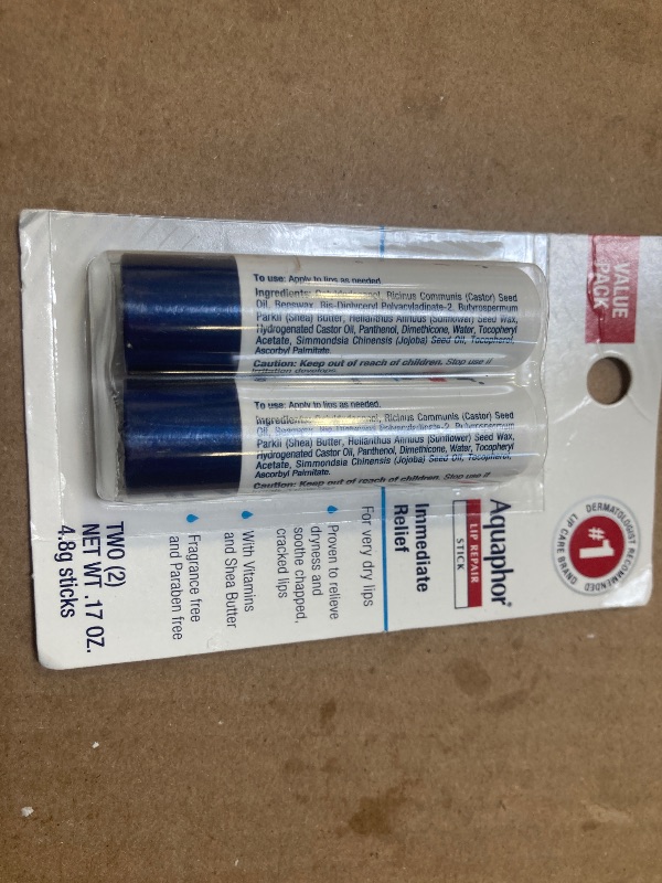 Photo 1 of Aquaphor Lip Repair Stick, Moisturizing Lip Balm Pack, Relieves Dryness, 0.17 Oz Stick, Pack of 2