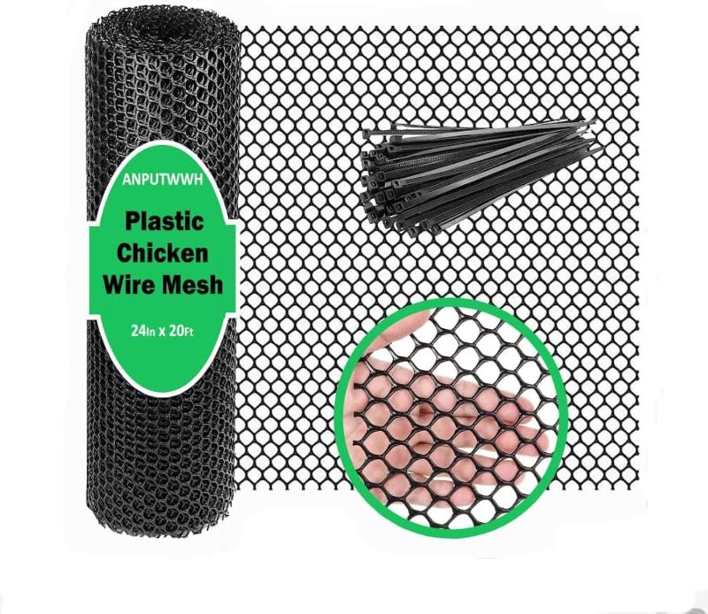 Photo 1 of Upgraded Plastic Chicken Wire Fence Mesh(24INx20FT) - Black/Green/White Colors 0.3" Openings,for Garden Net, Poultry Fencing, Chicken Wire Frame,Animal Cage Fence,Floral Netting(Black)
