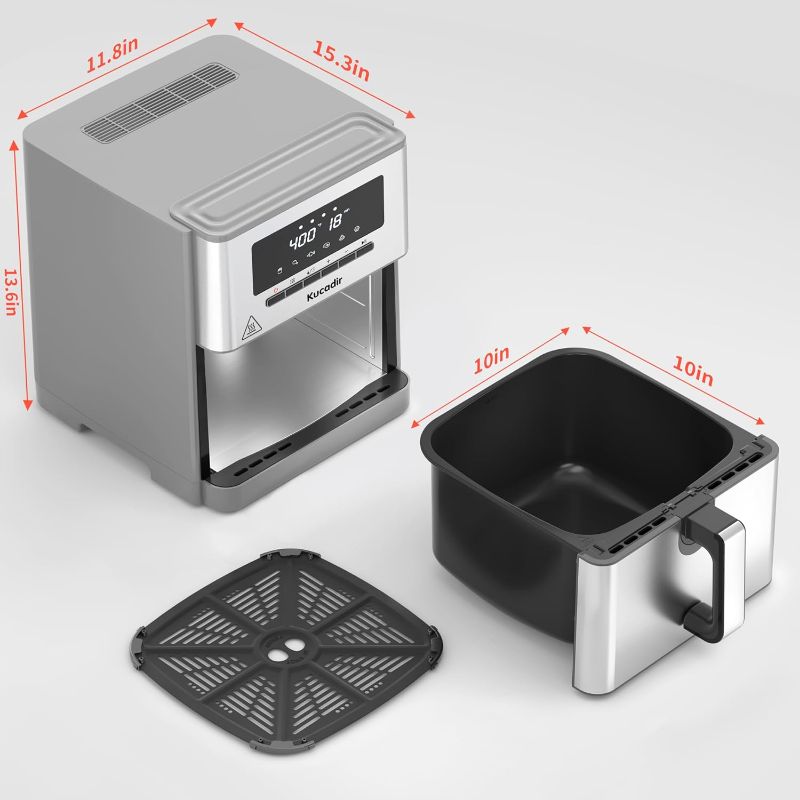 Photo 1 of Air Fryer 10 Quart, Large Air Fryer for Families, 6 Cooking Functions AirFryer, 400°F Temp Controls in 5° Increments, Ceramic Coated Nonstick Basket and Crisper Plate, Dishwasher-Safe, 1700W, Grey
