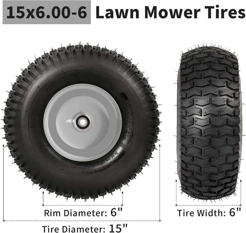 Photo 1 of 15x6.00-6nhs Lawn Mower Tires, Riding Lawn Mower and Tractor Front Tires, 15x6x6 Tire and Wheel for Residential and Commercial, 3" Offset Hub, 3/4" Bearing, 2Pack Gray, Load 570Lbs
