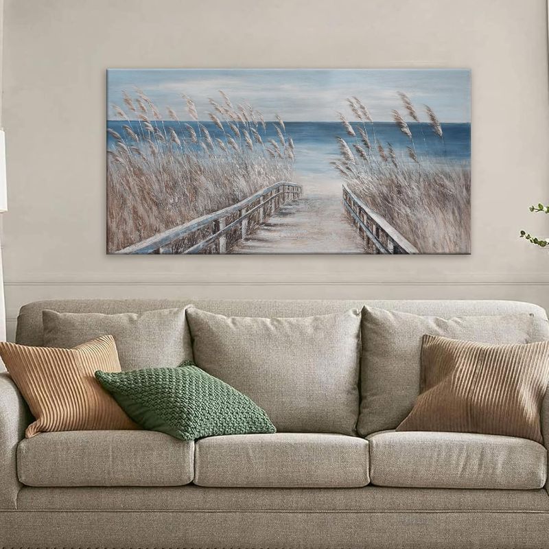 Photo 1 of Canvas Wall Art Decor Modern Wall Art Decorations Blue Beach Coastal Artwork for Walls Textured Wall Art Prints Pictures Wall Decor Wall Art Bedroom For Room Living Room Office Wall Decor 20"X40"
