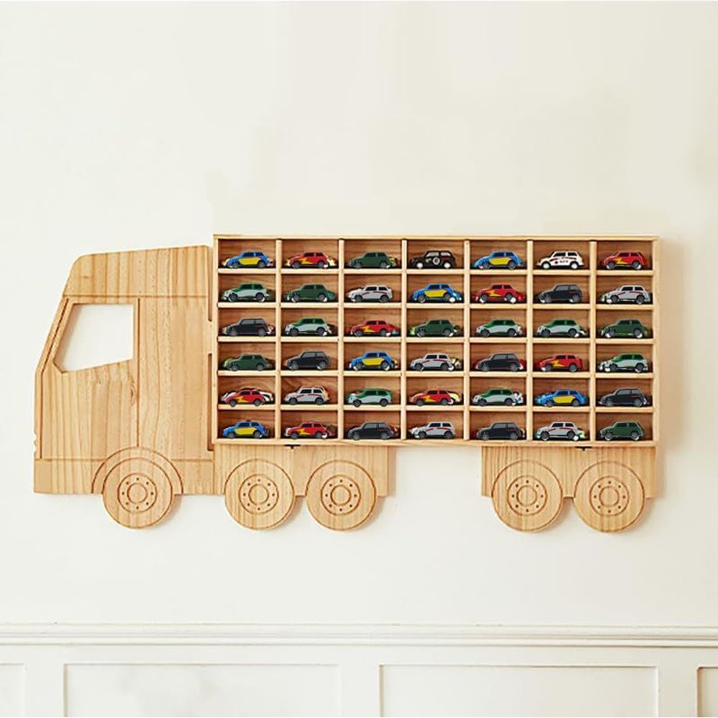 Photo 1 of Wood Toy Car Display Rack, Holds 42 Diecast Cars Model Car Display Case 1/64 Scale Toy Cars Organizer Freestanding or Wall-Mounted Toy Car Storage Cabinet