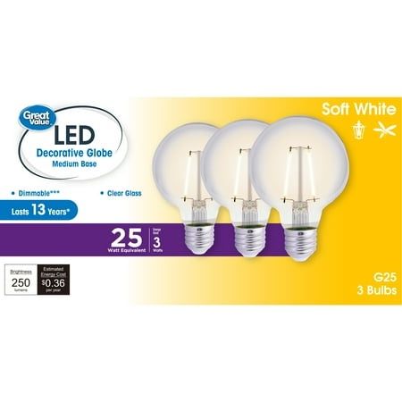 Photo 1 of Great Value G25 LED Light Bulb 3-Watt (25W Equivalent) Soft White Dimmable E26 Base 3-Pack (Title 20)
