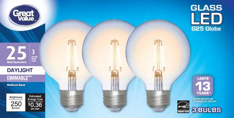 Photo 1 of Great Value G25 LED Bulb 3-Watt (25W Equivalent) Daylight White Dimmable E26 Base 3-Pack (Title 20)
