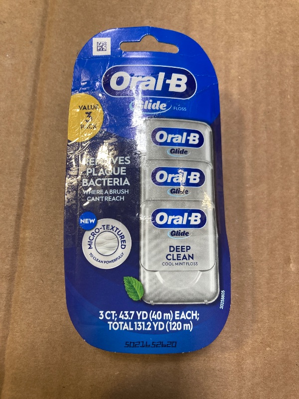 Photo 1 of Oral-B Glide Dental Floss, Shred Resistant, Gentle on Gums, Natural Wax, Slides Smoothly, Deep Clean Cool Mint Flavor, 40 M, 3 Count