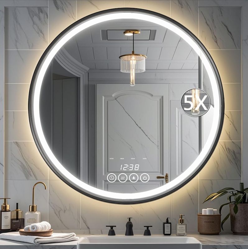Photo 1 of 28 Inch Wall-Mounted Round Bathroom Mirror with LED-Lights - Frame Vanity Mirrors (28" x 28", Black)