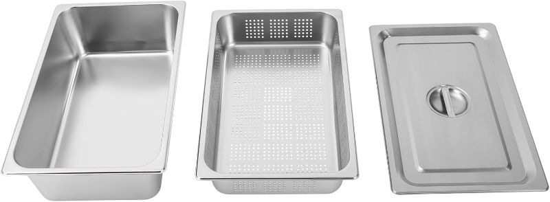 Photo 1 of DYNAMI Set of 3 Full Size Hotel Pan with Lid,4in Deep Anti-Jam Perforated Stainless Steel Steam Table Pan,6in Deep Steam Table Pans(3-piece set,Full Size, 4"+6" Deep)
