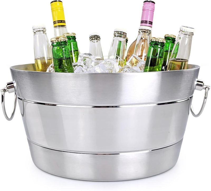 Photo 1 of BREKX Stainless Steel Ice Bucket for Parties, Double Wall Insulated Anchored Brushed Drink Tub & Wine Bucket with Double Hinged Handles, Drink Chiller for Parties, 12QT (3 Gallon), 100% Leak Proof
