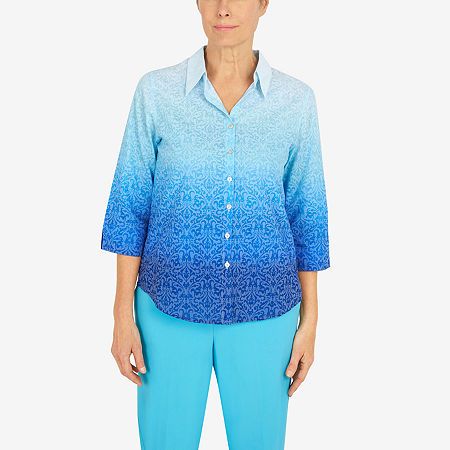 Photo 1 of Alfred Dunner Cool Vibrations Womens 3/4 Sleeve Button-Down Shirt, Petite Medium, Blue
