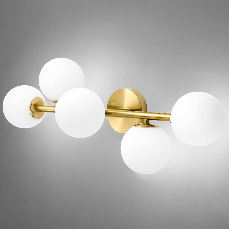 Photo 1 of Bathroom Vanity Lights, 5-Light Bathroom Light Fixtures, Mid Century Modern Brass Bathroom Light Ceiling Light, Wall Sconces Semi-Flush Mount Light Fixture with Milk Globe Glass, Brass Gold, G9 Base
