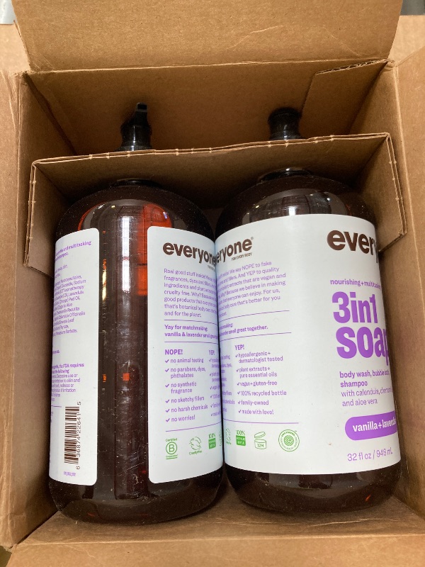 Photo 1 of Everyone 3-in-1 Soap, Body Wash, Bubble Bath, Shampoo, 32 Ounce, Vanilla and Lavender, Coconut Cleanser with Plant Extracts and Pure Essential Oils (Pack of 2)
