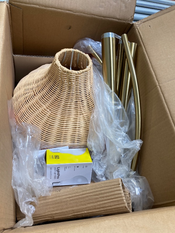 Photo 1 of Brightech Lark Arc Lamp for Living Rooms & Offices, Floor Lamp with Unique Hanging Wicker Shade, Standing & Tall for Bedroom Reading, Matches Boho and Other Living Room Decor, Brass