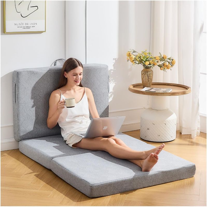 Photo 1 of Trifold Mattress Twin, 4 Inch Foldable Memory Foam Topper Portable Floor Guest Bed, Removable and Washable with Handles and Non-Slip Bottom for RV/Camping/Guest Room, 75" x 38" x 4"
